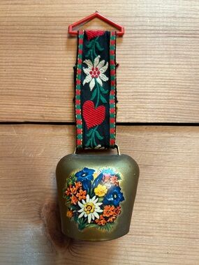 Vintage West Germany Cow Bell Alpine Floral Strap 1960s Folk Decor Farmhouse